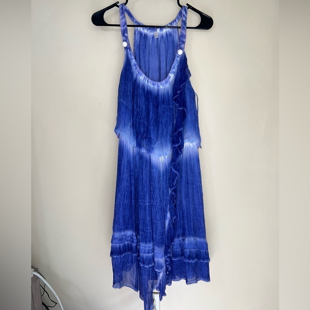 Free People Aphrodite Ruffle Dress Tie Dye Flared Long Asymmetrical Gauze Large - Picture 2 of 4